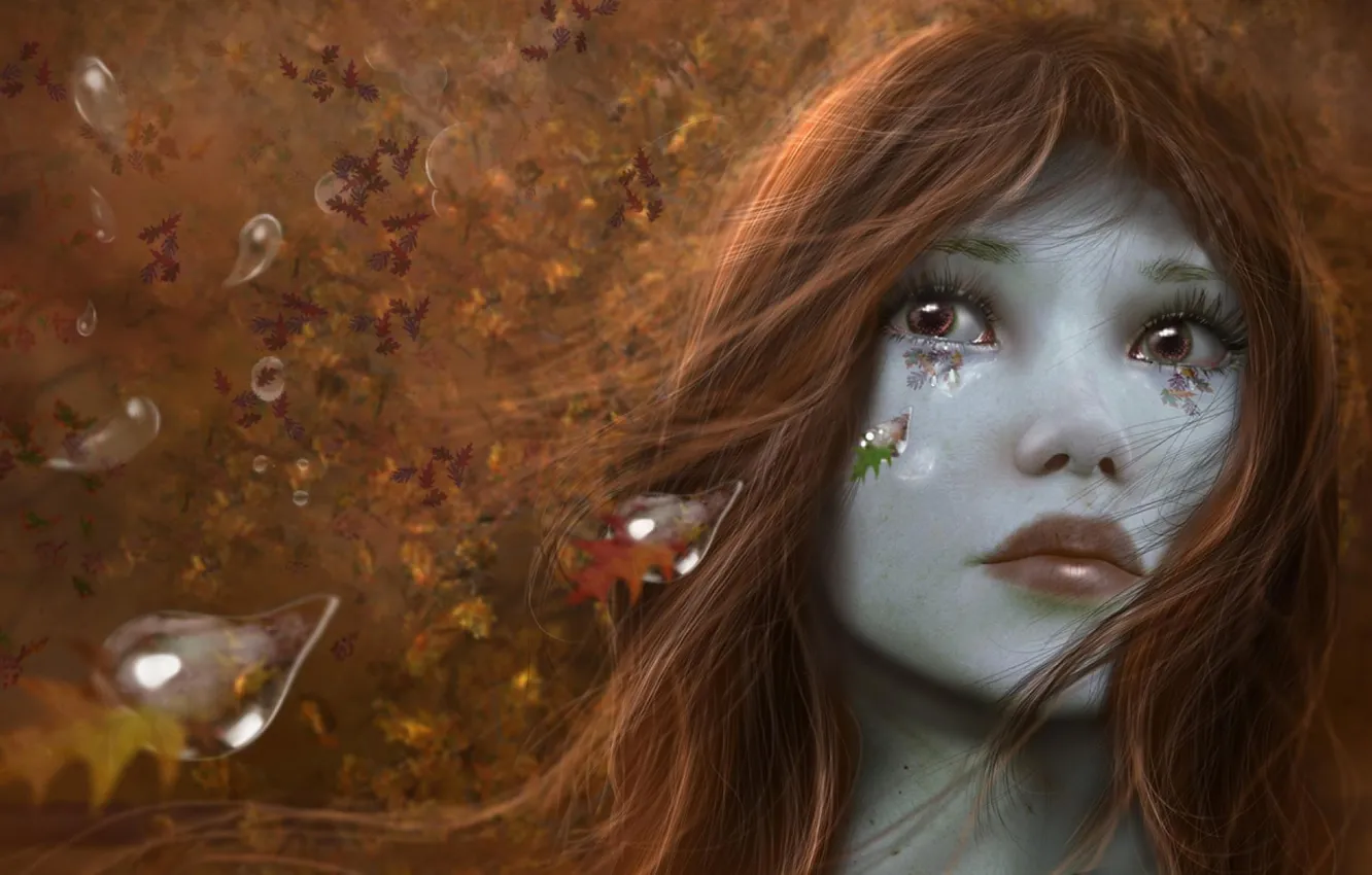 Photo wallpaper eyes, girl, drops, face, tears, red hair