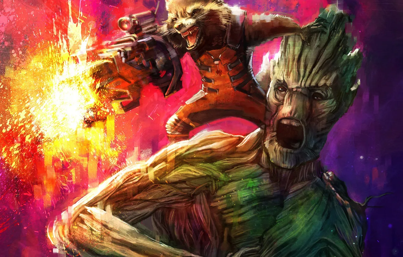 Photo wallpaper art, Rocket, raccoon, Guardians of the Galaxy, Groot