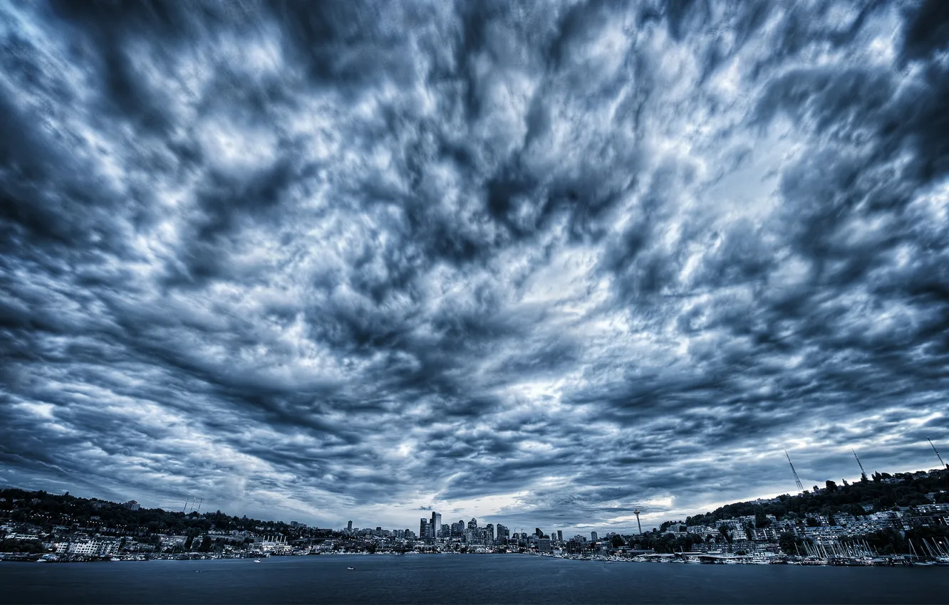 Photo wallpaper sea, the sky, water, clouds, the city, lake, Bay, cloudy