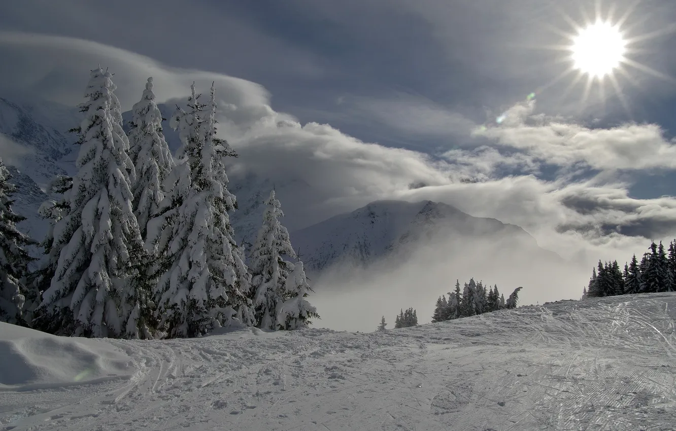 Photo wallpaper winter, the sky, landscape, mountains