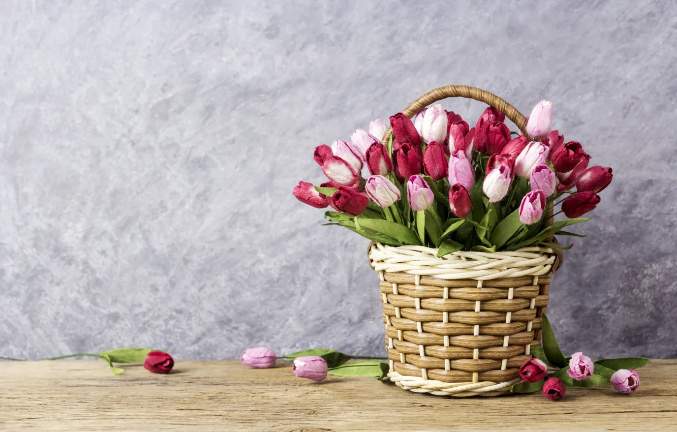 Photo wallpaper flowers, tulips, love, pink, basket, vintage, wood, pink