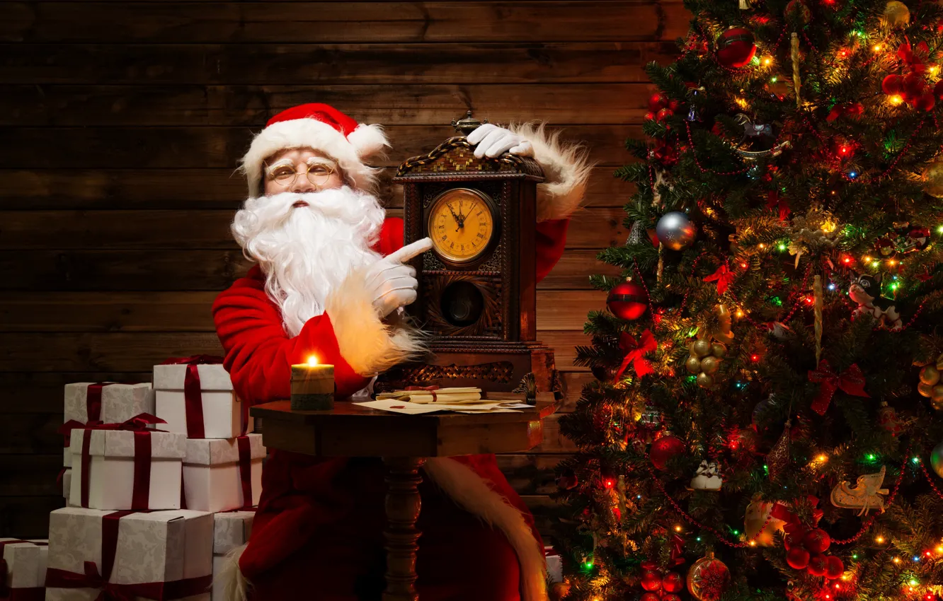 Photo wallpaper holiday, watch, tree, new year, gifts, Santa Claus