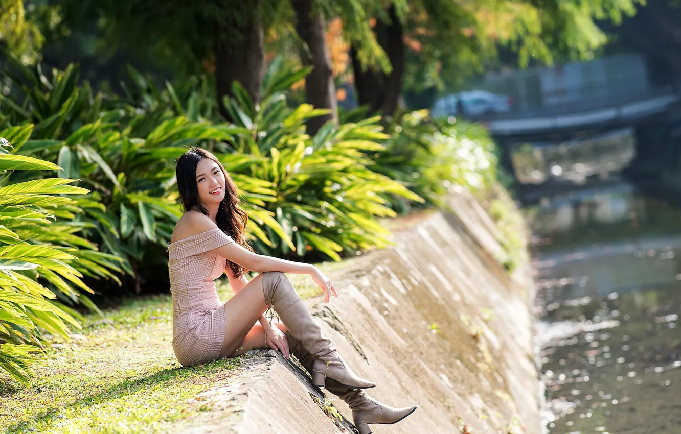 Photo wallpaper girl, sexy, smile, boots, legs, Asian