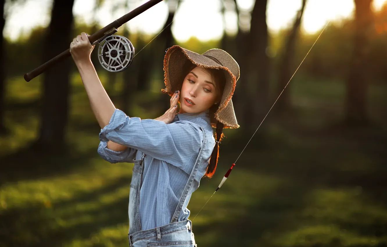 Photo wallpaper girl, fisherman, hat, float, rod