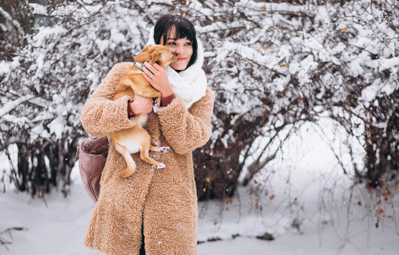 Photo wallpaper winter, forest, girl, snow, branches, nature, pose, smile