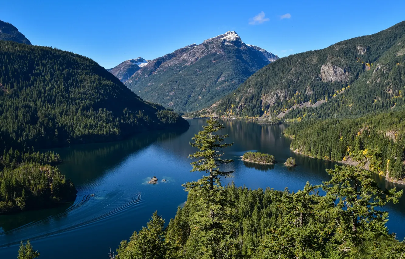 Photo wallpaper forest, mountains, lake, Washington, Islands, Washington State, North Cascades National Park, Diablo Lake