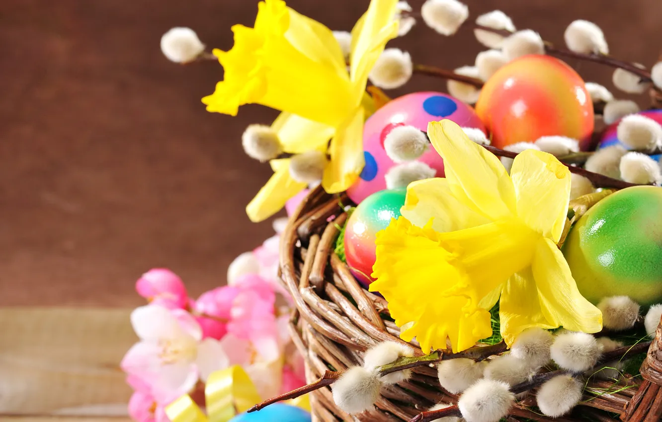 Photo wallpaper flowers, basket, eggs, spring, Easter, Verba, Spring, daffodils