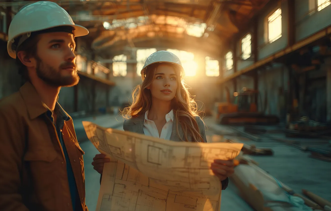 Photo wallpaper engineers, female, working