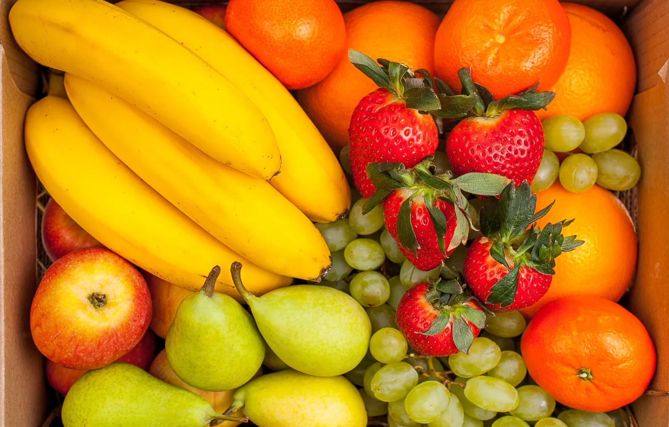 Photo wallpaper apples, strawberry, bananas, fruit, pear, tangerines
