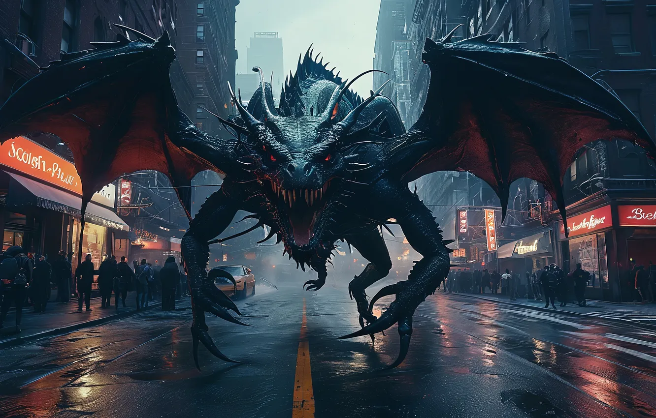 Photo wallpaper the city, street, dragon, people, mouth, claws