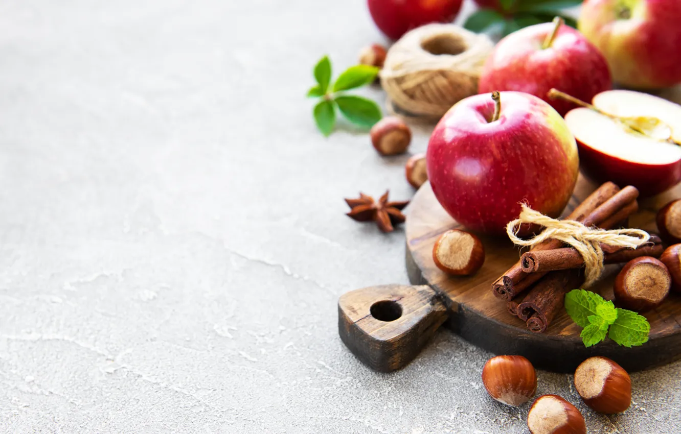 Photo wallpaper apples, nuts, cinnamon, hazelnuts, Olena Rudo