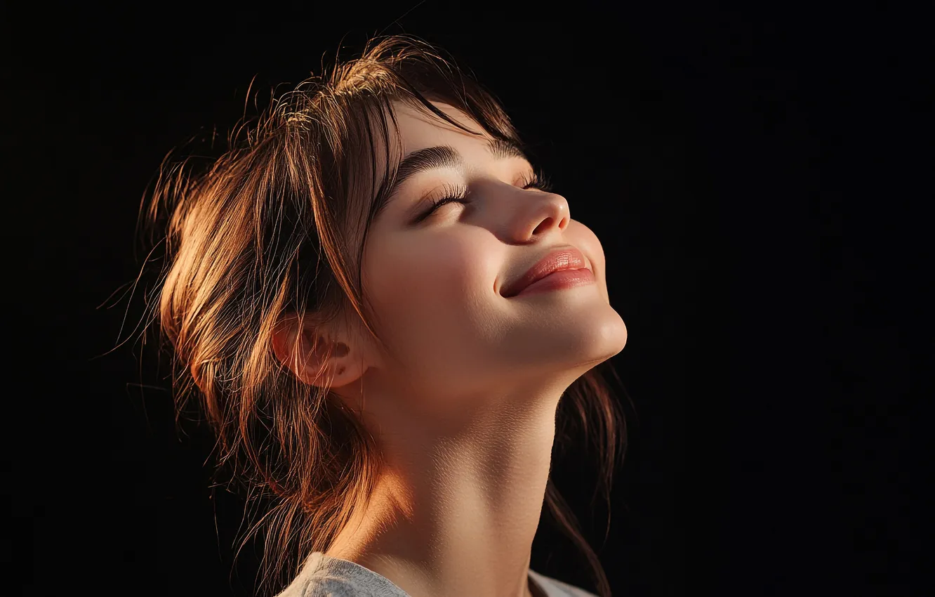 Photo wallpaper girl, light, joy, face, smile, portrait, brown hair, black background