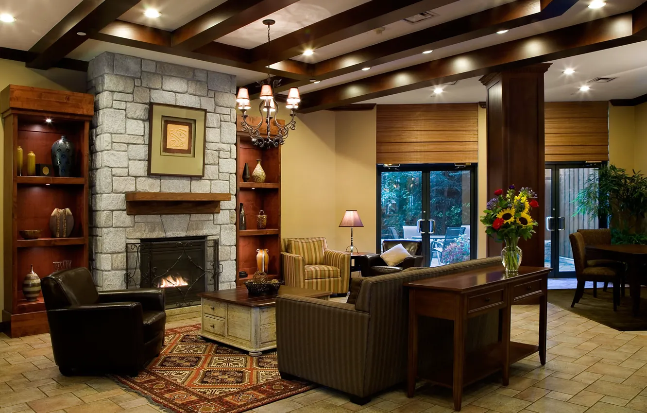 Photo wallpaper sofa, furniture, chair, fireplace, table