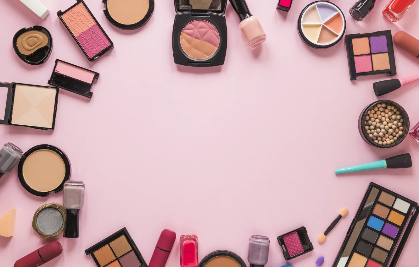Photo wallpaper lipstick, shadows, pink background, cosmetics, lacquer, blush, powder