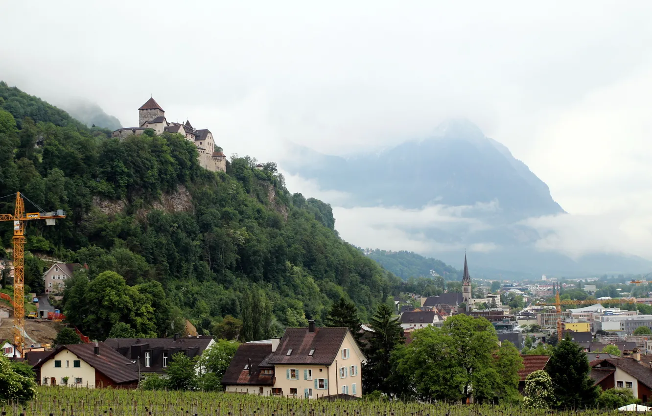 Photo wallpaper mountains, the city, castle, rocks, home, town, landscape., Liechtenstein