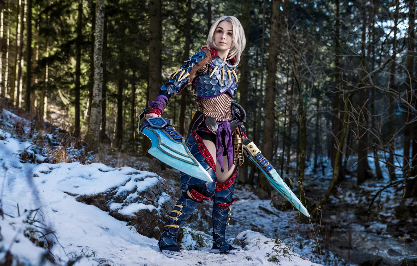 Photo wallpaper forest, snow, trees, weapons, sword, forest, trees, snow