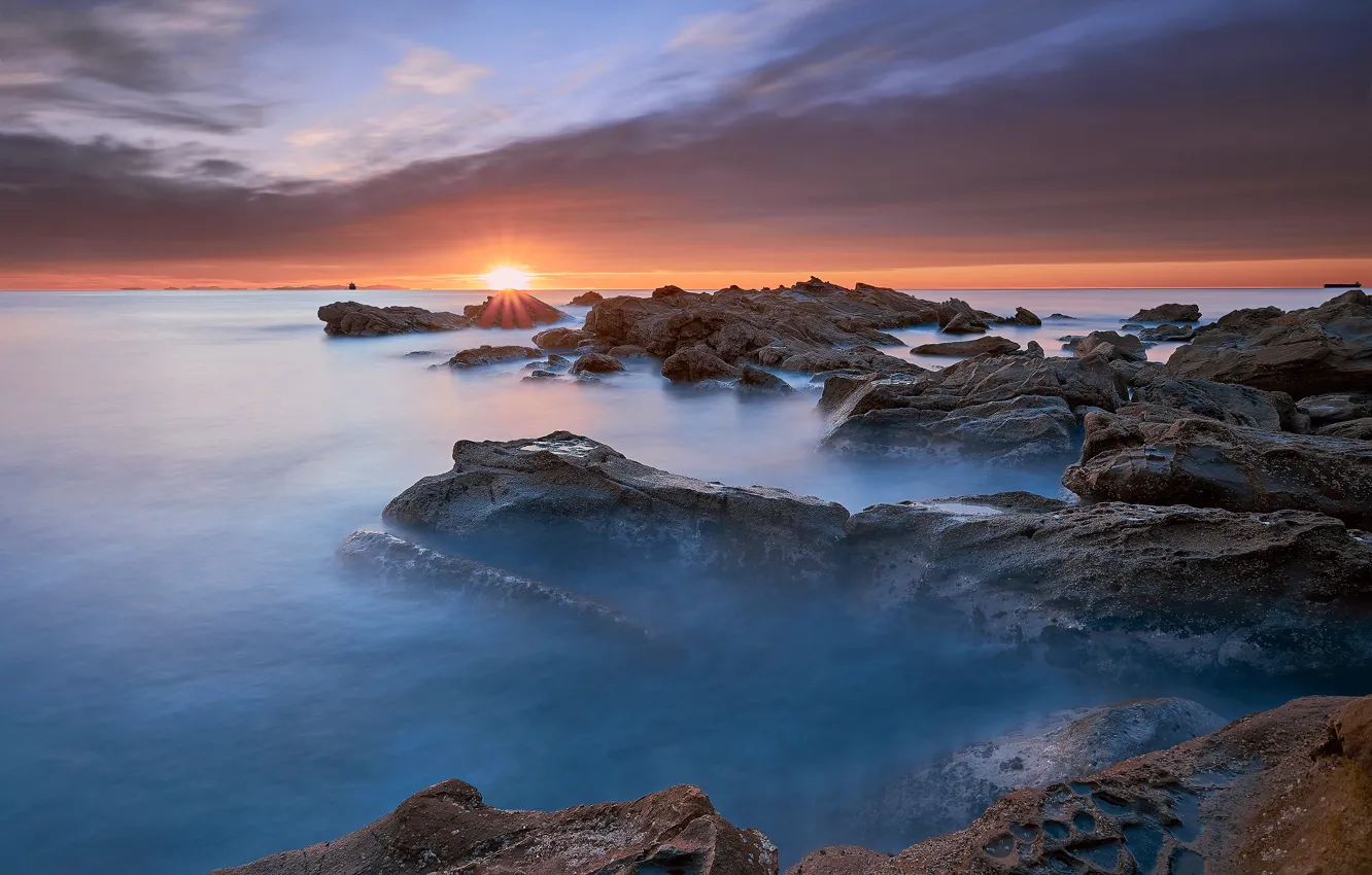 Photo wallpaper sea, the sky, the sun, clouds, landscape, sunset, clouds, nature