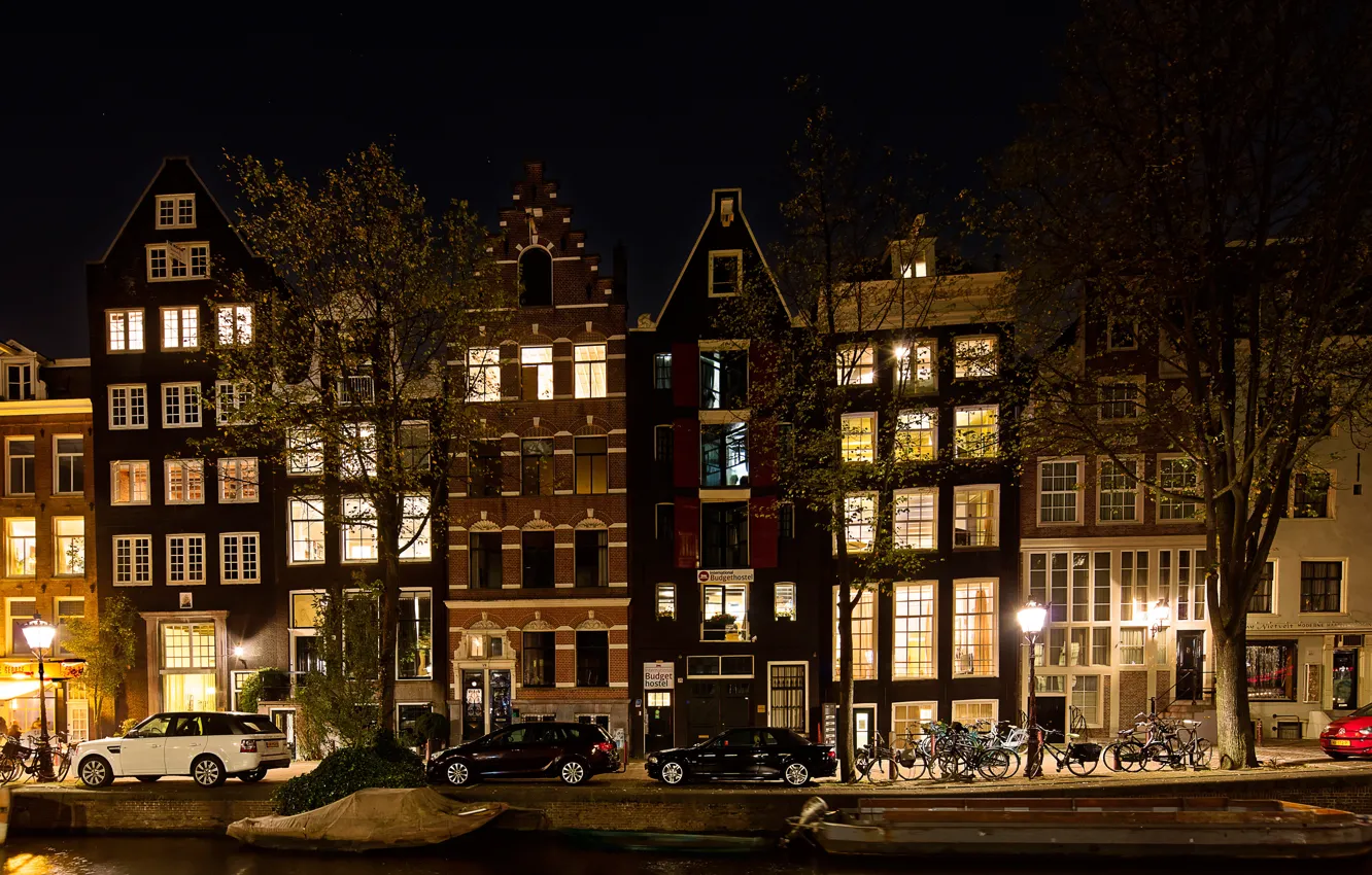 Photo wallpaper trees, machine, night, lights, home, boats, Amsterdam, lights