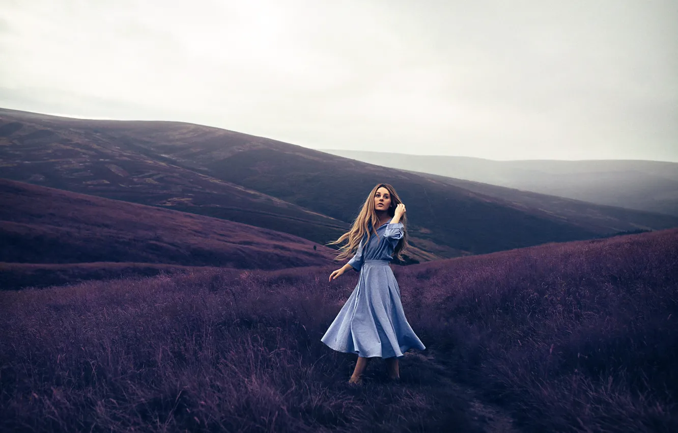 Photo wallpaper girl, hills, dress, Rosie Hardy, Violet Mountains