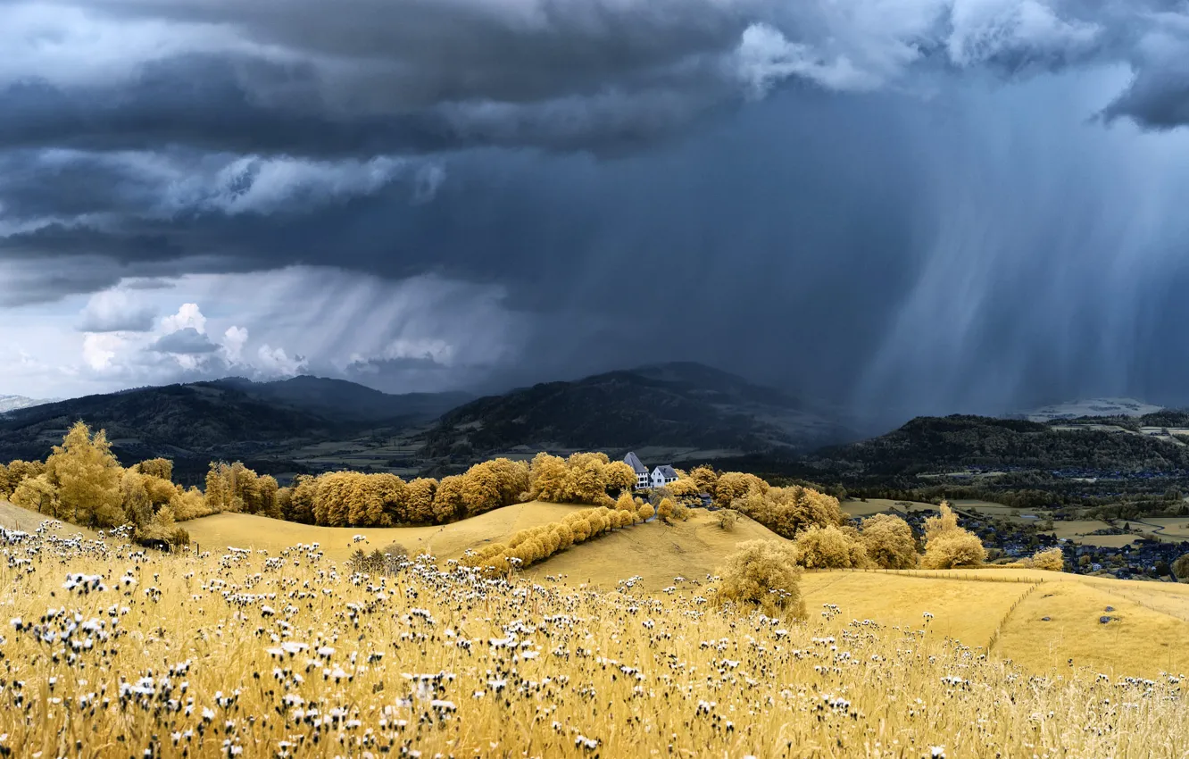 Photo wallpaper house, clouds, mountains, the shower, rain, field, autumn, forest