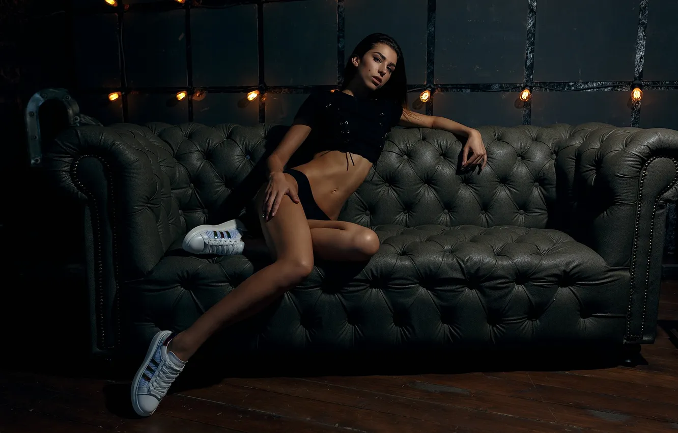 Photo wallpaper women, brunette, couch, black panties, sneakers