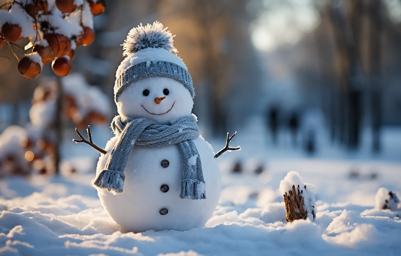 Photo wallpaper winter, snow, new year, Christmas, snowman, Christmas, winter, snow