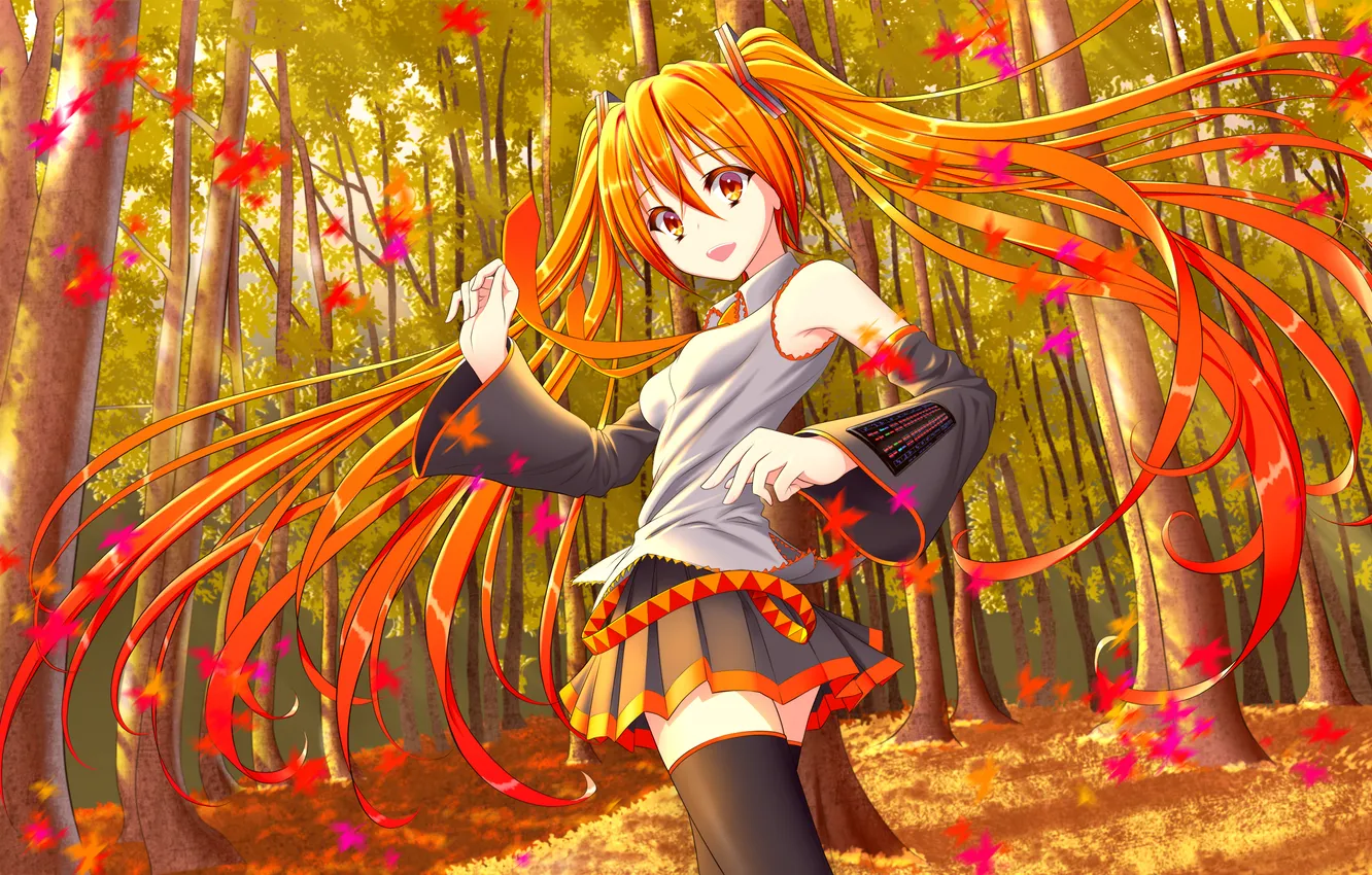 Photo wallpaper autumn, leaves, girl, trees, art, tie, form, vocaloid