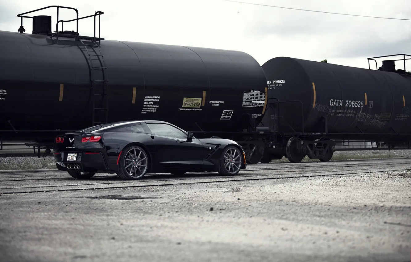 Photo wallpaper black, Corvette, Chevrolet, railroad, Chevrolet, rear view, railway, Corvette