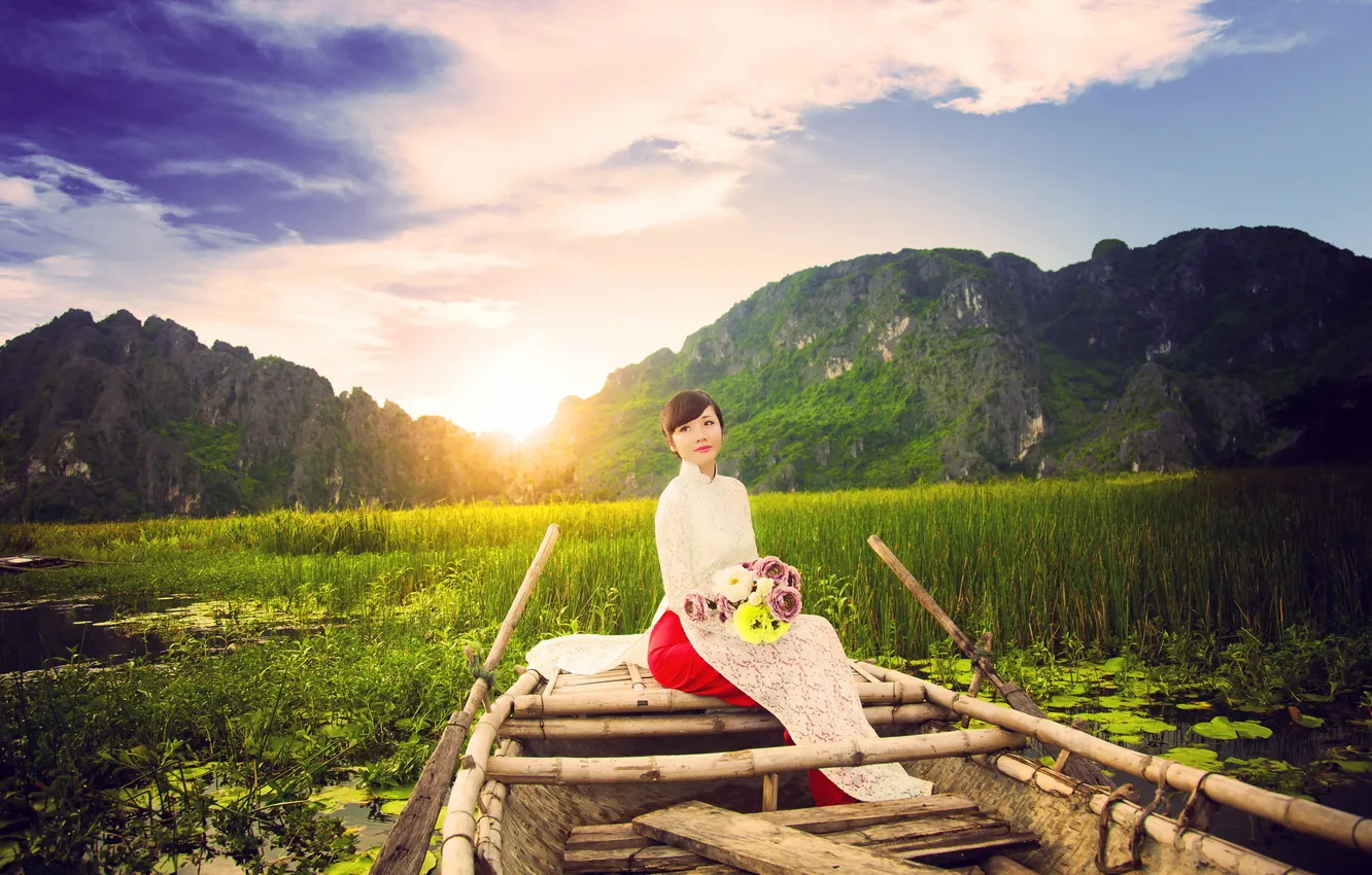Photo wallpaper girl, flowers, mood, boat, Asian