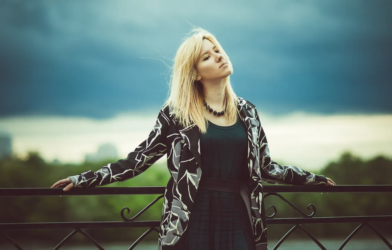 Photo wallpaper girl, clouds, bridge, river, hair, storm, dress, girl