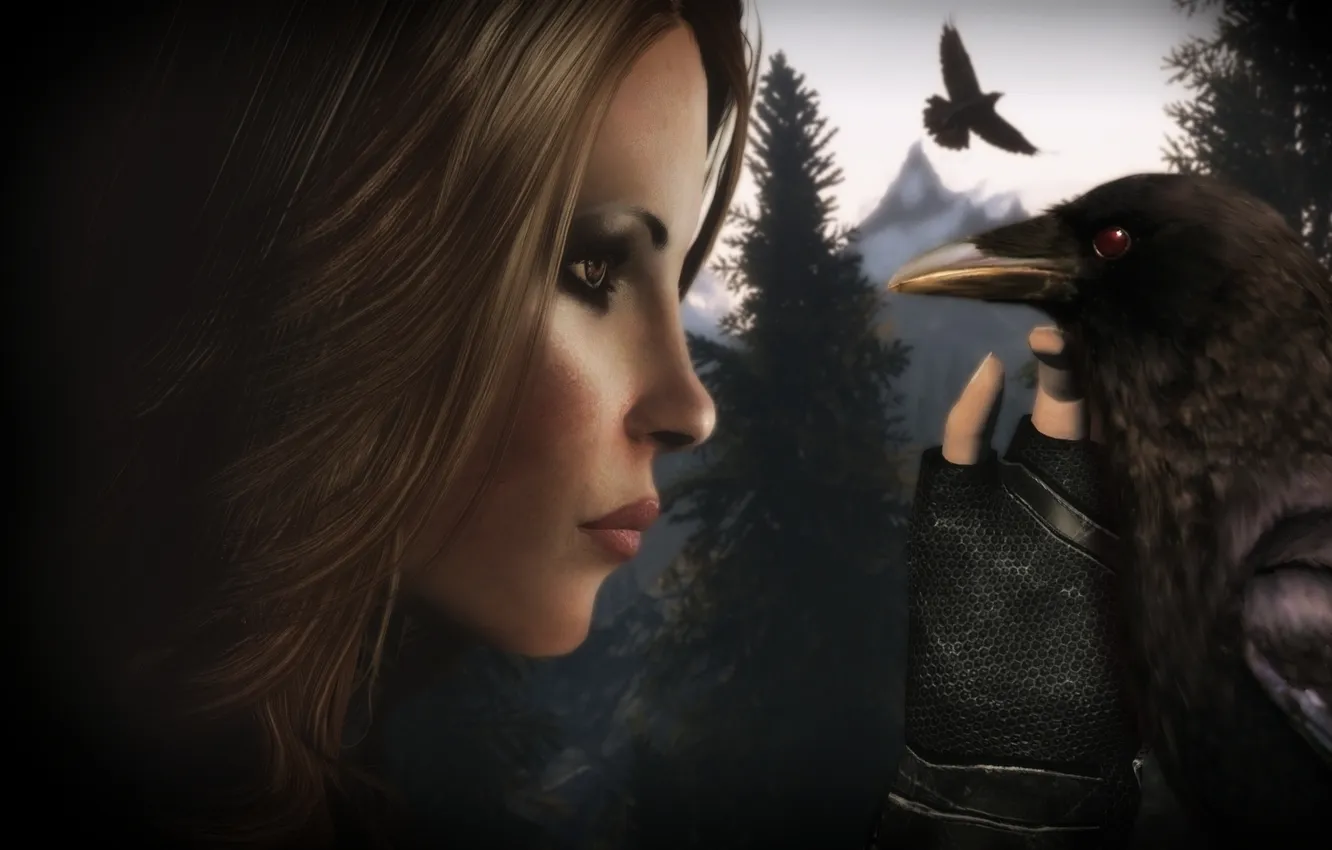 Photo wallpaper look, girl, bird, the game, hands, hood, profile, Raven