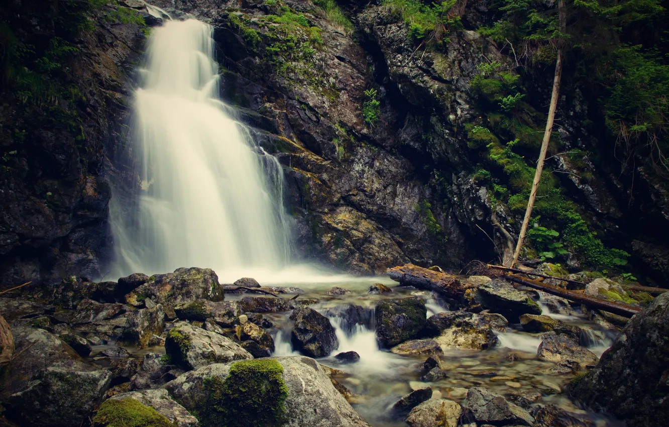 Photo wallpaper stones, waterfall, moss