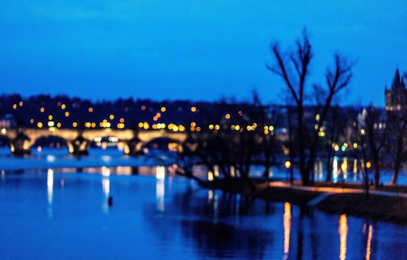 Photo wallpaper lights, twilight, dusk, reflection, Prague, blue hour, Czech Republic, Charles Bridge
