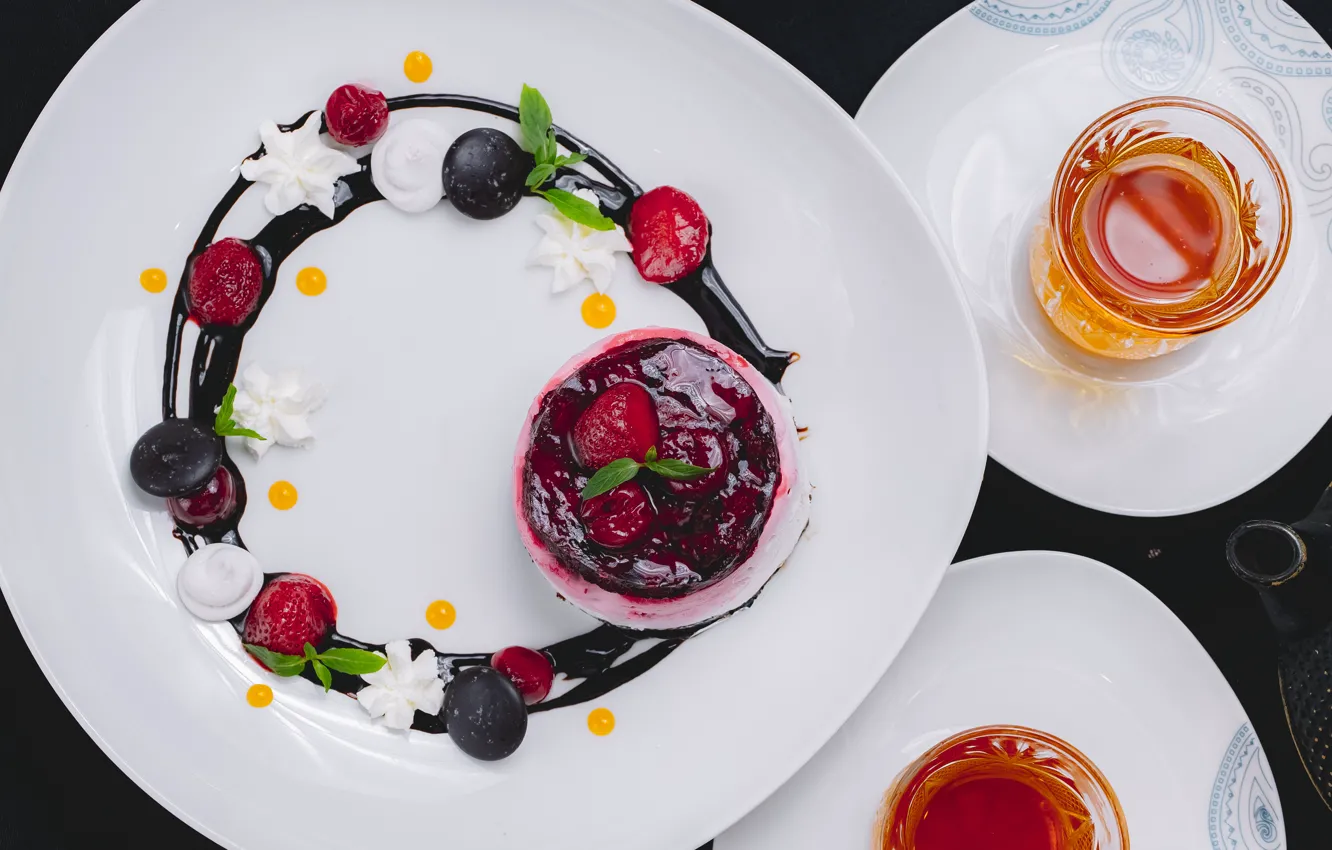 Photo wallpaper berries, glass, chocolate, strawberry, plate, white background, drink, cake