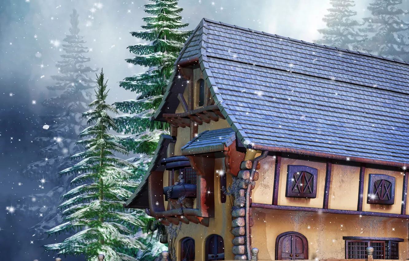 Photo wallpaper winter, snow, house, photo, the fence, spruce, 3D graphics