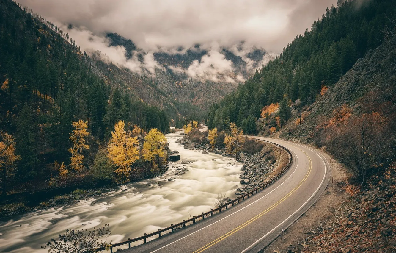 Photo wallpaper road, mountains, river