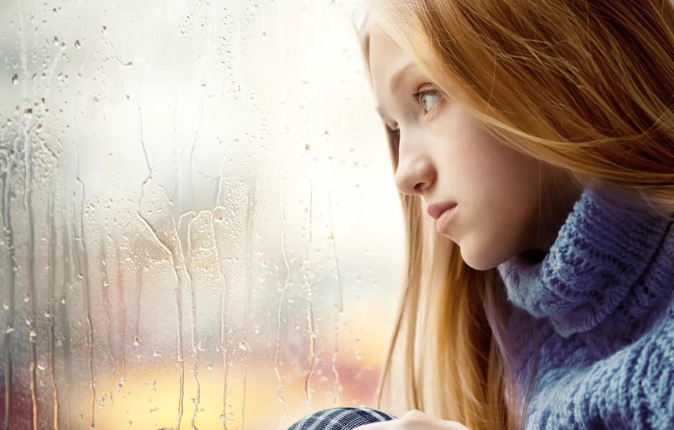 Photo wallpaper sadness, girl, rain, window