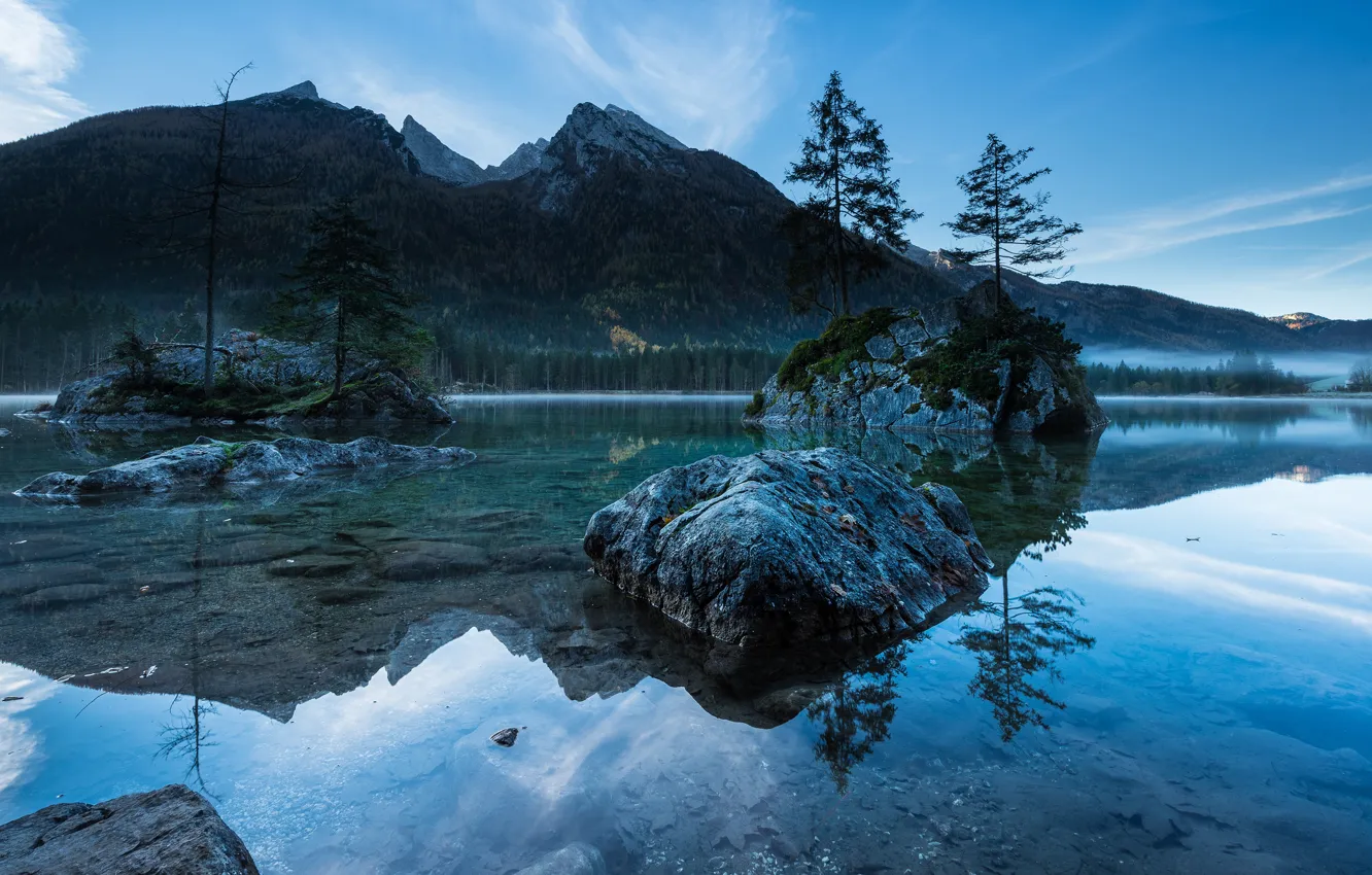 Photo wallpaper forest, the sky, trees, mountains, lake, reflection, blue, stones