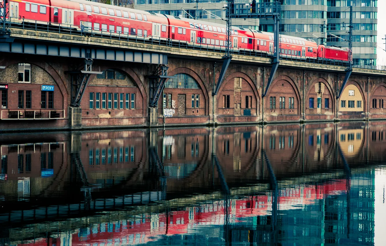 Photo wallpaper water, the city, reflection, the building, train, cars