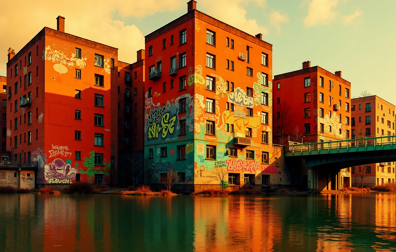 Photo wallpaper graffiti, river, building