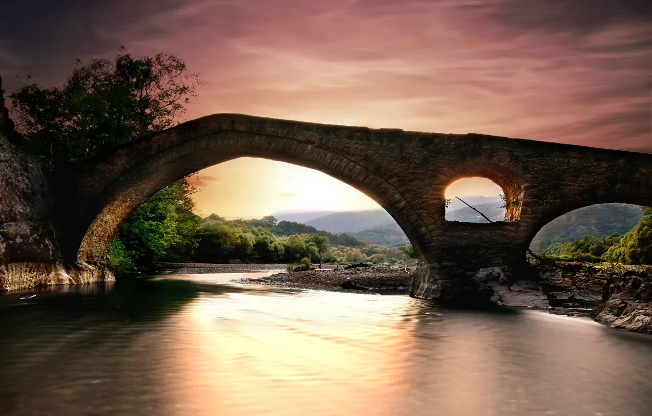 Photo wallpaper landscape, sunset, bridge, nature, river, Greece, forest, Bank