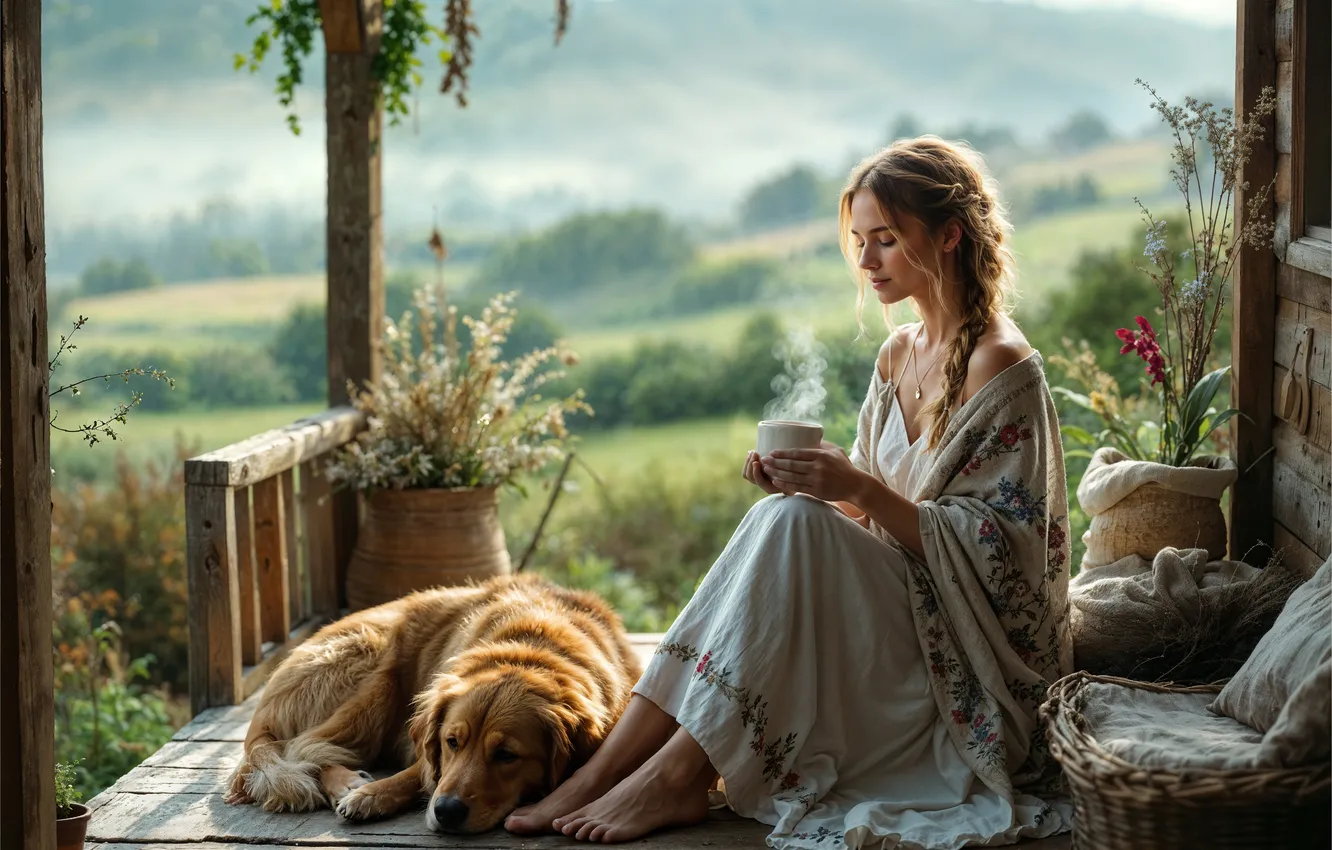 Photo wallpaper field, summer, girl, light, nature, pose, fog, comfort
