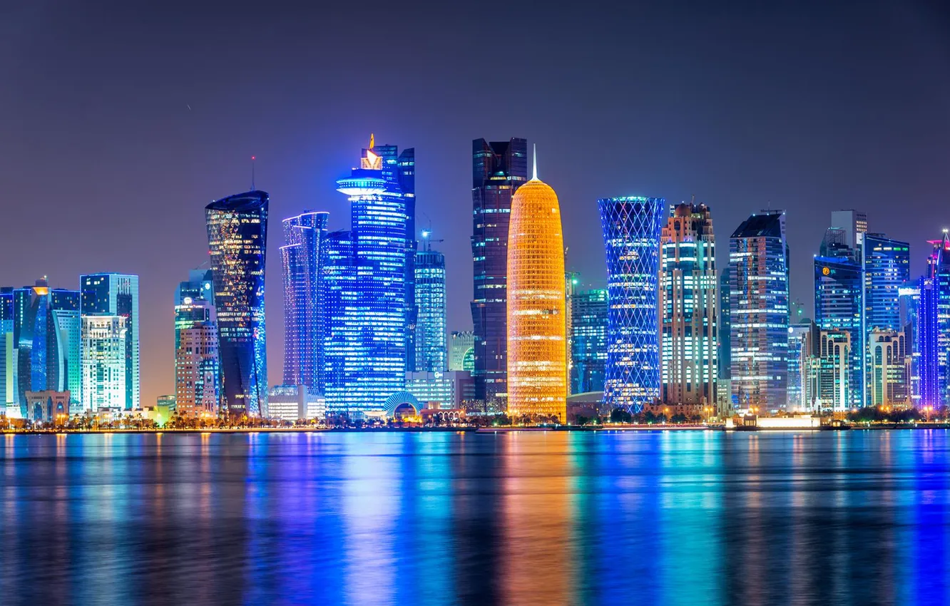 Photo wallpaper night, the city, lights, Qatar, Doha
