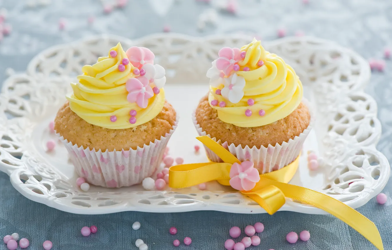 Photo wallpaper flowers, yellow, sweets, decoration, cream, dessert, cakes, ribbons