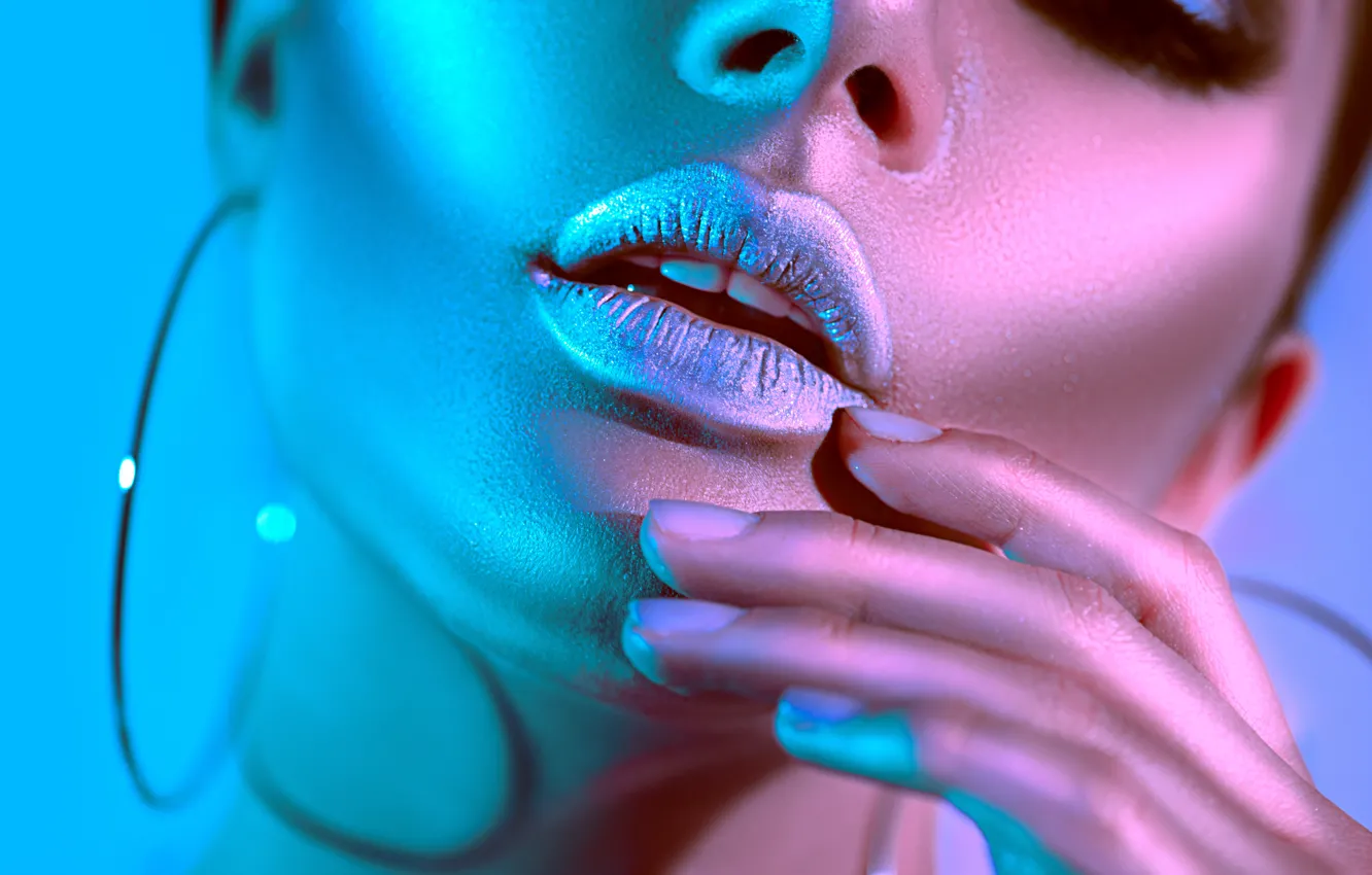 Photo wallpaper lights, metal, lips, make up