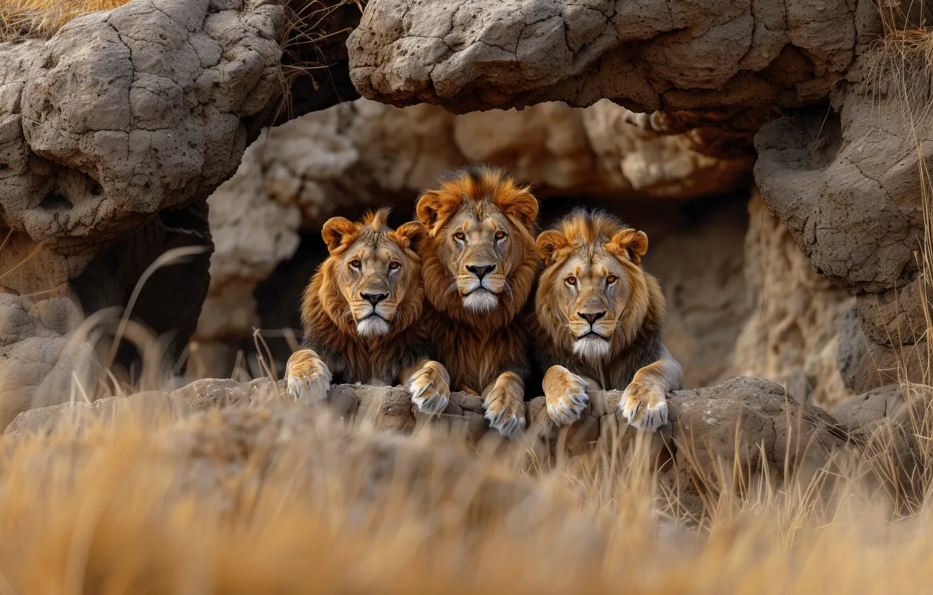 Photo wallpaper look, predator, Leo, three, big cats, digital art, AI art, The Art of Artificial Intelligence