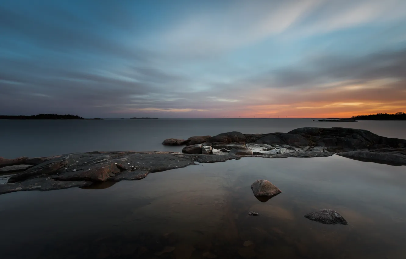 Photo wallpaper sea, transparency, stones, dawn, Bay