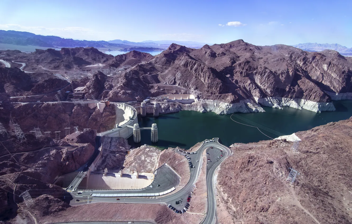 Photo wallpaper road, the sky, mountains, lake, dam