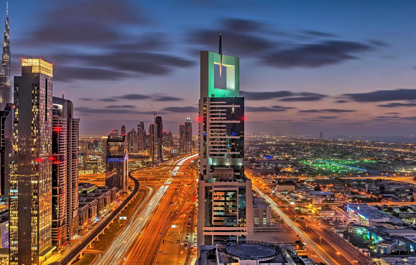 Photo wallpaper road, the sky, clouds, night, the city, lights, lights, movement