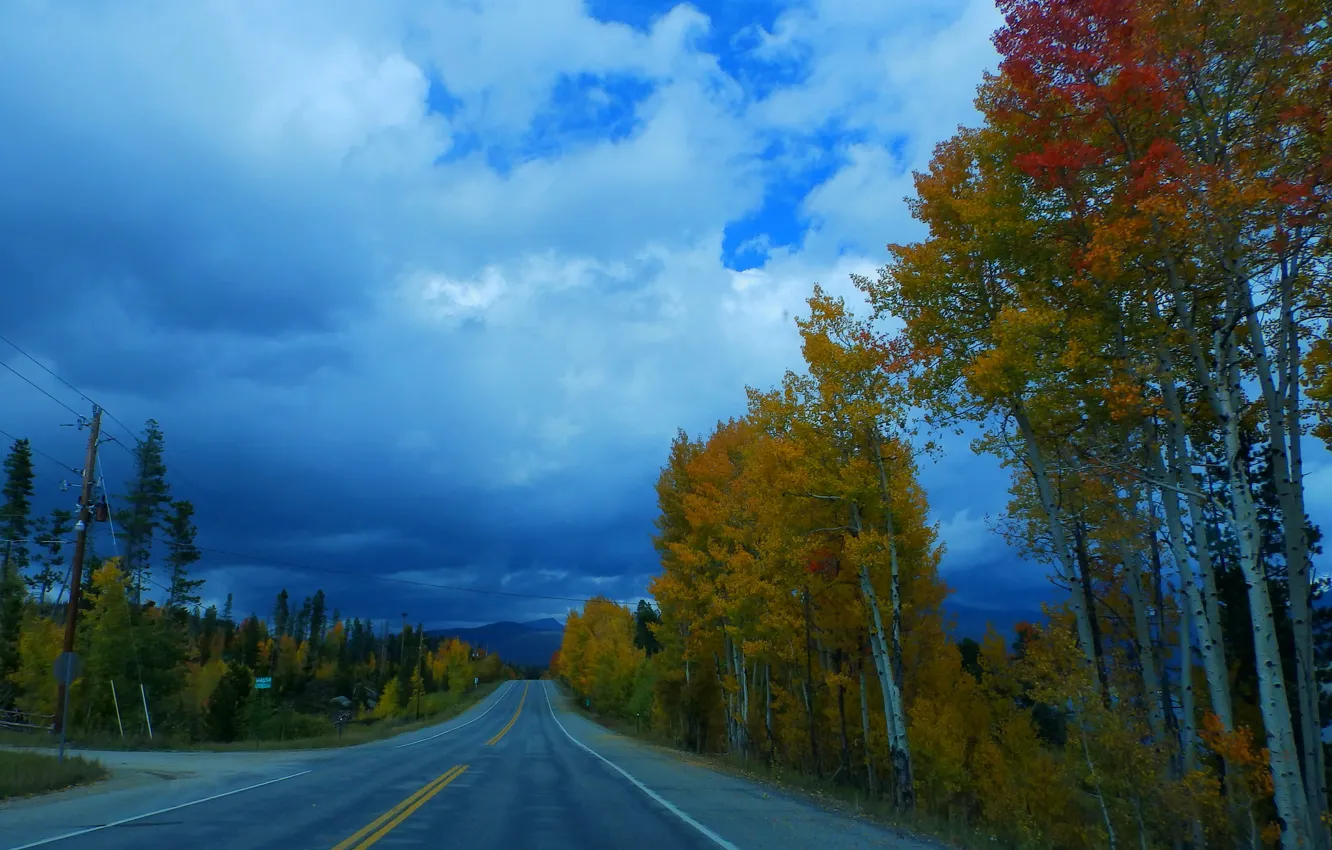 Photo wallpaper road, autumn, the sky, trees, mountains, clouds